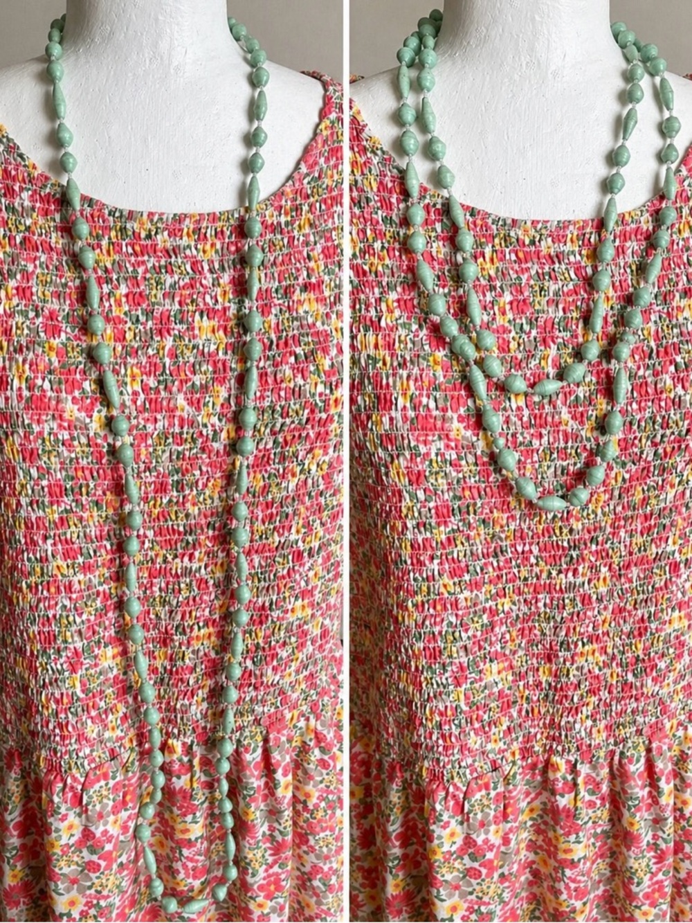 Artisan Paper Bead Necklace, Mint Sage 27”